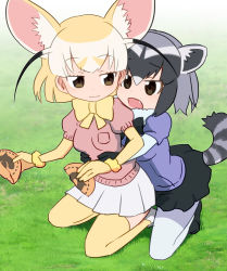 Rule 34 | 10s, 2girls, :3, animal ears, black footwear, black hair, black ribbon, black skirt, blue shirt, blush, breast pocket, brown eyes, brown hair, collar, common raccoon (kemono friends), d:, dot nose, eyebrow twitching, eyelashes, fang, fennec (kemono friends), food, fox ears, fox tail, full body, fur collar, fur trim, gloves, grass, grey hair, hair between eyes, hands on another&#039;s stomach, highres, holding, holding food, hug, hug from behind, japari bun, jitome, kemono friends, looking at another, looking to the side, multicolored hair, multiple girls, neck ribbon, open mouth, outdoors, pantyhose, pink sweater, pleated skirt, pocket, puffy short sleeves, puffy sleeves, raccoon ears, raccoon tail, ribbon, sat-c, shadow, shiny skin, shirt, shoes, short-sleeved sweater, short hair, short sleeves, skirt, smile, squatting, striped tail, sweater, tail, thighhighs, tsurime, white footwear, white hair, white legwear, white skirt, yellow gloves, yellow legwear, yellow ribbon, zettai ryouiki