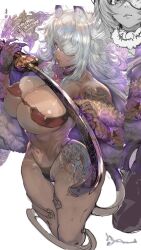 Rule 34 | 1girl, animal ear fluff, animal ears, breasts, claws, dark skin, from above, ghislaine dedoldia, hair over one eye, highres, katana, large breasts, long hair, mushoku tensei, parkjinsuky, simple background, skindentation, solo, strapless, sword, tail, tattoo, thigh gap, tube top, weapon, white background, white hair
