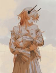 Rule 34 | 1girl, alternate costume, animal, arknights, closed eyes, highres, hkeno, holding, holding animal, horns, long hair, long sleeves, pink hair, sunset, theresa (arknights), white day