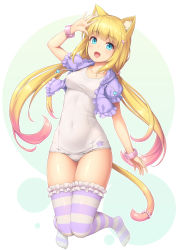 Rule 34 | 1girl, :d, animal ear fluff, animal ears, arm up, blonde hair, blue eyes, blush, cat ears, cat tail, frilled thighhighs, frills, full body, grey thighhighs, highres, long hair, low twintails, one-piece swimsuit, open mouth, original, purple thighhighs, sasaame, school swimsuit, smile, solo, swimsuit, tail, thighhighs, thighs, twintails, white one-piece swimsuit