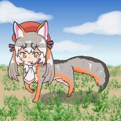 Rule 34 | animal ears, blazer, gloves, hat, island fox (kemono friends), jacket, kemono friends, kemono friends v project, long hair, necktie, school uniform, shirt, shoes, silver hair, skirt, smile, solo, tail, twintails, virtual youtuber