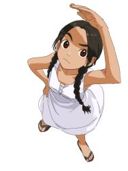 Rule 34 | 1girl, abenobashi mahou shoutengai, arm up, asahina arumi, black hair, braid, brown eyes, buttons, closed mouth, commentary, dress, from above, frown, hand on own hip, highres, looking at viewer, parted bangs, raised eyebrow, sandals, simple background, sleeveless, sleeveless dress, solo, symbol-only commentary, tan, toes, twin braids, urasanmyaku, white background, white dress