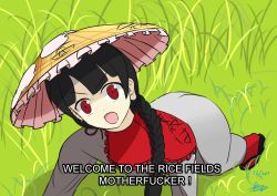 Rule 34 | ajirogasa, black hair, braid, cape, coat, earlobes, filthy frank, grass, grey coat, hat, highres, long earlobes, looking at viewer, meme, on ground, open mouth, parody, profanity, red cape, red eyes, solo, text focus, the suddeno, touhou, tvfilthyfrank, yatadera narumi