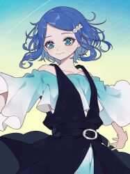 Rule 34 | 1girl, ao (ao0 0nemu), bad id, bad twitter id, black dress, blue background, blue eyes, blue hair, blue shirt, closed mouth, commentary request, cowboy shot, cropped shirt, dress, gradient background, hair ornament, looking at viewer, pretty rhythm, pretty rhythm rainbow live, pretty series, rinne (pretty rhythm), shirt, short hair, sleeveless, sleeveless dress, smile, solo, standing, wide sleeves