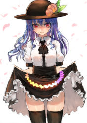 Rule 34 | 1girl, bad id, bad pixiv id, black skirt, black thighhighs, blue hair, closed mouth, commentary request, desuka (sasadango6), food, fruit, hat, highres, hinanawi tenshi, lifted by self, long hair, looking at viewer, peach, petals, puffy short sleeves, puffy sleeves, red eyes, short sleeves, skirt, smile, solo, thighhighs, touhou, white background, zettai ryouiki