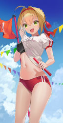 Rule 34 | 1girl, ahoge, baton, blonde hair, blue sky, blush, braid, breasts, buruma, commentary request, day, fate/extra, fate/grand order, fate (series), french braid, green eyes, gym shirt, gym uniform, hair intakes, headband, highres, large breasts, long hair, looking at viewer, name tag, navel, nero claudius (fate), nero claudius (fate) (all), nero claudius (fate/extra), nero claudius (olympian bloomers) (fate), official alternate costume, open mouth, red buruma, red headband, shirt, sky, smile, solo, thighs, tsukise miwa, white shirt