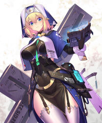Rule 34 | 1girl, armor, armored dress, between breasts, black dress, blonde hair, blue eyes, breasts, canteen, cleavage, coif, cross, dress, garter straps, habit, highres, impossible clothes, mecha musume, necktie, necktie between breasts, nun, original, pelvic curtain, see-through, short hair, smile, solo, sophia f shirring, stake, takamine nadare, thighhighs, white thighhighs