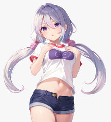 Rule 34 | 1girl, :o, blue shorts, breasts, cowboy shot, denim, denim shorts, hair between eyes, hands on own chest, hands up, highres, light blush, long hair, looking at viewer, low twintails, medium breasts, midriff, navel, open clothes, open fly, open shorts, original, paid reward available, purple eyes, purple hair, red trim, shirt, short shorts, short sleeves, shorts, shorts rolled up, simple background, solo, stomach, twintails, white background, white shirt, yuna rebun
