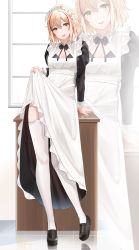 Rule 34 | 1girl, absurdres, alternate costume, apron, azur lane, black dress, black footwear, breasts, cleavage cutout, clothes lift, clothing cutout, dress, enmaided, full body, garter straps, highres, indoors, lifted by self, light brown hair, looking at viewer, maid, maid headdress, medium breasts, medium hair, multicolored hair, qing wu, red hair, roon (azur lane), shoes, skirt, skirt lift, streaked hair, thighhighs, two-tone hair, white apron, white garter straps, white thighhighs, yellow eyes, zoom layer