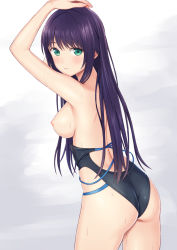 Rule 34 | 1girl, arm up, ass, back cutout, banned artist, black one-piece swimsuit, blush, breasts, breasts out, clothes pull, clothing cutout, competition swimsuit, cowboy shot, from behind, gradient background, green eyes, grey background, hand on own head, long hair, looking at viewer, looking back, medium breasts, n.g., nipples, one-piece swimsuit, one-piece swimsuit pull, original, parted lips, purple hair, solo, sweat, swimsuit, very long hair, wedgie