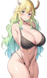 Rule 34 | 1girl, :o, absurdres, aqua hair, bare shoulders, black bra, black panties, blonde hair, blush, bra, breasts, cleavage, collarbone, covering privates, covering crotch, cowboy shot, curvy, dragon girl, dragon horns, green eyes, green hair, hand on own crotch, heterochromia, highres, horns, huge breasts, jasony, kobayashi-san chi no maidragon, large breasts, lingerie, long hair, looking at viewer, lucoa (maidragon), midriff, multicolored hair, navel, panties, purple eyes, solo, standing, stomach, thick thighs, thighs, underwear, wide hips