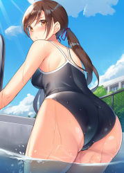 Rule 34 | 1girl, alexmaster, ass, blue sky, blush, brown eyes, brown hair, closed mouth, cloud, cloudy sky, competition school swimsuit, curvy, day, from below, hair ribbon, light rays, long hair, looking at viewer, looking back, one-piece swimsuit, original, outdoors, pool, pool ladder, purple ribbon, pursed lips, ribbon, school swimsuit, sidelocks, sky, solo, sunbeam, sunlight, swimsuit, thighs, tsurime, twintails