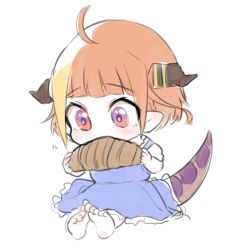 Rule 34 | 1girl, aged down, ahoge, alternate costume, barefoot, blonde hair, blue dress, blunt bangs, braid, child, commentary request, croissant, dragon girl, dragon horns, dragon tail, dress, eating, feet, food, frilled dress, frills, full body, holding, holding food, hololive, horns, isuka, kiryu coco, light blush, multicolored eyes, multicolored hair, orange hair, pointy ears, purple eyes, red eyes, scales, short hair, simple background, single braid, soles, solo, tail, virtual youtuber, white background
