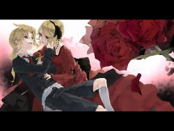 Rule 34 | 1boy, 1girl, aqua eyes, blonde hair, blood, brother and sister, buttons, dagger, double-breasted, dress, flower, formal, hair ribbon, hairband, jewelry, kagamine len, kagamine rin, knife, letterboxed, long sleeves, necklace, necktie, petals, red dress, red flower, red necktie, red rose, ribbon, rose, short hair, shorts, siblings, smile, suit, twins, victorian, vocaloid, weapon