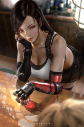 Rule 34 | 1girl, arm guards, arm support, bar (place), bare shoulders, black gloves, black hair, black skirt, black thighhighs, blonde hair, blurry, breasts, ceiling light, cleavage, closed mouth, collarbone, commentary, crop top, cup, depth of field, drinking glass, earrings, elbow gloves, elbow pads, english commentary, final fantasy, final fantasy vii, final fantasy vii remake, gloves, hand on own cheek, hand on own face, indoors, jewelry, large breasts, leaning forward, long hair, miniskirt, red eyes, red lips, reflection, signature, skirt, sleeveless, smile, smoke, solo focus, square enix, table, thighhighs, tifa lockhart, wooden table, zumi (zumidraws)