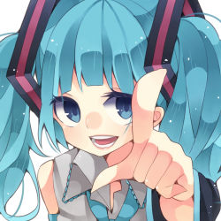 Rule 34 | 1girl, aqua eyes, aqua hair, hatsune miku, long hair, nuira, pointing, pointing at viewer, smile, solo, twintails, vocaloid