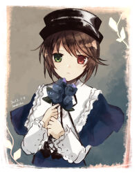 Rule 34 | 1girl, :&lt;, androgynous, artist name, black hat, black ribbon, black vest, blue capelet, blue flower, blue pants, blue rose, bouquet, brown hair, capelet, dated, doll, doll joints, expressionless, flower, frills, green eyes, hair between eyes, hat, heterochromia, highres, holding, holding bouquet, joints, koto (shiberia39), lace-up top, leaf, light frown, long sleeves, looking at viewer, neck ribbon, pants, plant, red eyes, ribbon, rose, rozen maiden, shirt, short hair, signature, solo, souseiseki, swept bangs, upper body, very short hair, vest, vines, white shirt