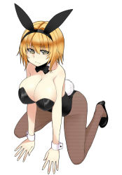 Rule 34 | 1girl, alice margatroid, animal ears, arm support, bad id, bad pixiv id, bare shoulders, blonde hair, blush, breasts, cleavage, cuff links, detached collar, fake animal ears, female focus, huge breasts, kamata yuuya, kneeling, leotard, looking at viewer, pantyhose, playboy bunny, rabbit ears, rabbit tail, short hair, shy, simple background, solo, tail, touhou, white background, wrist cuffs, yellow eyes