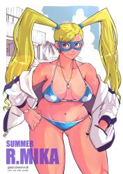Rule 34 | 1girl, bikini, blonde hair, blue eyes, breasts, cloud, highres, jacket, large breasts, lifeguard, long hair, mask, palm tree, rainbow mika, rocohisaya, solo, street fighter, swimsuit, tree, twintails, very long hair