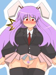 Rule 34 | 1girl, animal ears, black thighhighs, blush, breasts, embarrassed, female focus, female pubic hair, large breasts, long hair, necktie, no-biru, no panties, pubic hair, purple hair, pussy, rabbit ears, red eyes, reisen udongein inaba, skirt, skirt flip, solo, thighhighs, thighs, touhou, uncensored, upskirt, wide hips