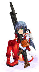 Rule 34 | 1girl, absurdres, animal, animal on shoulder, bird, black hair, closed mouth, commentary request, dress, gloves, green eyes, gun, highres, holding, holding gun, holding weapon, kusano kouichi, long hair, long sleeves, looking at viewer, machine gun, mg42, original, penguin, red footwear, red gloves, red thighhighs, shoes, short dress, sitting, smile, solo, thighhighs, weapon, white dress