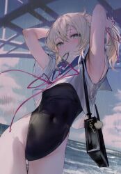 Rule 34 | 1girl, absurdres, armpits, arms up, black one-piece swimsuit, blonde hair, blue eyes, blush, cloud, crop top, day, hair tie in mouth, highres, hololive, kazama iroha, mouth hold, one-piece swimsuit, pink ribbon, ponytail, rain, ribbon, scan, shirt, short sleeves, sky, solo, swimsuit, swimsuit under clothes, tying hair, umibouzu (niito), virtual youtuber, white shirt