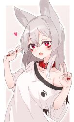Rule 34 | 1girl, akasha (syakoba), animal ears, black hair, borrowed character, colored tips, double v, fang, grey hair, heart, highres, long hair, looking at viewer, multicolored hair, off shoulder, open mouth, original, otokuyou, oversized clothes, oversized shirt, red eyes, red nails, shirt, short sleeves, skin fang, v, white background, white shirt, wolf ears, wolf girl