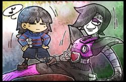 Rule 34 | 1boy, = =, androgynous, android, arm around back, armor, bad id, bad twitter id, belt, black hair, black legwear, black pants, black shorts, blouse, blue shirt, boots, brown footwear, commentary, frisk (undertale), hair over one eye, hands on own hips, heart, loafers, mechanical arms, mettaton, mettaton ex, musical note, pants, pink armor, pink footwear, pink vest, quaver, red stripes, shirt, shoes, short hair, shorts, shoulder pads, single mechanical arm, size difference, smile, spoken musical note, standing on person, striped clothes, striped shirt, suenari (peace), teeth, undertale, vest
