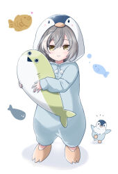 Rule 34 | 1girl, animal, animal costume, animal hood, assault lily, bird, blush, closed mouth, commentary request, drawstring, fish, food, full body, grey hair, hair between eyes, hands up, heart, holding, holding stuffed toy, hood, hood up, inoguchi minto, long hair, long sleeves, looking at viewer, multicolored hair, notice lines, paw shoes, penguin, penguin costume, penguin hood, pom pom (clothes), sasaki ran, sleeves past wrists, smile, solo, standing, streaked hair, stuffed animal, stuffed shark, stuffed toy, taiyaki, wagashi, white background, yellow eyes