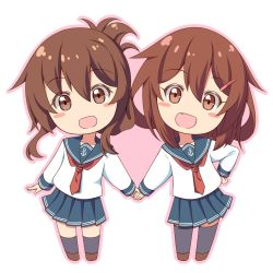 Rule 34 | 10s, 2girls, anchor symbol, blush stickers, brown eyes, brown hair, chibi, fang, folded ponytail, gurande (g-size), hair ornament, hairclip, holding hands, ikazuchi (kancolle), inazuma (kancolle), kantai collection, kneehighs, long hair, looking at viewer, multiple girls, neckerchief, open mouth, red neckerchief, school uniform, serafuku, short hair, socks, thighhighs