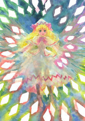 Rule 34 | 1girl, blonde hair, blue background, bow, capelet, closed mouth, commentary request, danmaku, flying, full body, glowing, green eyes, hat, lily white, long hair, looking at viewer, misawa hiroshi, painting (medium), pink bow, see-through, skirt, skirt set, smile, solo, texture, touhou, traditional media, watercolor (medium), white hat, white skirt, wings