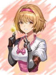 Rule 34 | 1girl, absurdres, bang (gesture), blonde hair, blush, breasts, c2h6o, cleavage, collarbone, commentary request, cropped torso, djeeta (granblue fantasy), finger gun, flower, granblue fantasy, hair intakes, hairband, highres, holding, holding flower, large breasts, looking at viewer, pink background, short hair, smile, solo, teeth, upper body, v, yellow flower