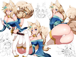Rule 34 | 1girl, animal ears, aqua eyes, ass, azur lane, bell, blue kimono, boots, breasts, cleavage, cowboy shot, emoji, fox ears, fox tail, full body, fur collar, hair between eyes, hair ornament, hand on own hip, highres, japanese clothes, jingle bell, katana, kimono, kitsune, large breasts, multiple persona, multiple tails, niizuki (azur lane), off shoulder, panties, pleading face emoji, sitting, sword, tadai nu, tail, thick eyebrows, thigh boots, thighhighs, underwear, weapon, white background, white panties