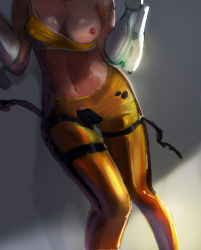Rule 34 | 1girl, bad id, bad pixiv id, black panties, bodysuit, breasts, covered erect nipples, hip focus, medium breasts, midriff, mugyaclan, navel, nipples, one breast out, overwatch, overwatch 1, panties, shadow, shiny skin, solo, thighs, torn clothes, tracer (overwatch), underwear