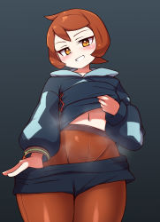 Rule 34 | 1girl, arezu (pokemon), black shorts, blush, brown hair, brown pantyhose, chan (sb aoi999), clothes lift, clothes pull, collarbone, commentary request, cowlick, creatures (company), from below, game freak, grey jacket, grin, highres, jacket, jacket lift, lifting own clothes, long sleeves, looking at viewer, looking down, nintendo, orange eyes, pantyhose, pokemon, pokemon legends: arceus, pulling own clothes, short hair, shorts, shorts pull, smile, solo, steam
