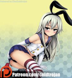 Rule 34 | 10s, 1girl, :&lt;, arm support, ass, ass grab, blonde hair, blush, boots, brown eyes, coldtrojan, colorized, covering ass, covering privates, elbow gloves, gloves, hairband, hand on own ass, kantai collection, long hair, panties, pantyshot, shimakaze (kancolle), skirt, solo, striped clothes, striped thighhighs, thighhighs, underwear, uni8, upskirt