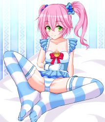 Rule 34 | 1girl, bed, blush, character request, copyright request, feet, feet together, gloves, green eyes, highres, neko totora, no shoes, panties, pink hair, sitting, smile, solo, spread legs, striped clothes, striped panties, striped thighhighs, thighhighs, toes, twintails, underwear