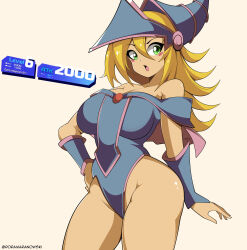 Rule 34 | 1girl, artist name, blonde hair, breasts, cleavage, dark magician girl, green eyes, hand on own hip, highres, large breasts, legs, leotard, long hair, open mouth, solo, thick thighs, thighs, wide sleeves, yu-gi-oh!