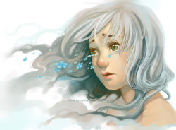 Rule 34 | 1girl, artist name, bare shoulders, blue flower, commentary request, deviantart username, flower, green eyes, grey hair, lips, long hair, nose, original, painting (medium), parted lips, portrait, qinni, simple background, solo, tears, traditional media, watercolor (medium), watermark, web address, white background