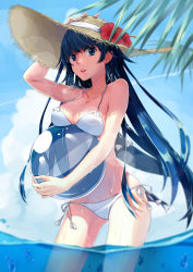 Rule 34 | 1girl, adjusting clothes, adjusting headwear, ball, bare shoulders, bikini, blue eyes, blue hair, breast rest, breasts, carried breast rest, carrying, cleavage, cloud, collarbone, day, fake frog, flower, hat, hat flower, hat ribbon, hibiscus, highres, large breasts, long hair, loobely, looking at viewer, matching hair/eyes, original, parted lips, partially submerged, partially underwater shot, ribbon, side-tie bikini bottom, sky, solo, strap gap, straw hat, swimsuit, transparent, wading, water, wet, white bikini
