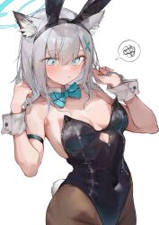 Rule 34 | 1girl, absurdres, animal ear fluff, animal ears, black leotard, black pantyhose, blue archive, blue bow, blue eyes, blue halo, blush, bow, breasts, closed mouth, cowboy shot, cross hair ornament, detached collar, extra ears, fake animal ears, fake tail, grey hair, hair between eyes, hair ornament, halo, highres, leotard, medium breasts, medium hair, pantyhose, pepq, playboy bunny, rabbit ears, rabbit tail, shiroko (blue archive), simple background, solo, spoken squiggle, squiggle, strapless, strapless leotard, tail, white background, wolf ears, wrist cuffs