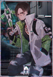 Rule 34 | 1boy, animification, apex legends, black eyes, black gloves, black hair, black pants, black shirt, black vest, character name, crypto (apex legends), drone, gloves, green sleeves, hack (apex legends), hand in pocket, holding, iyo (nanaka-0521), jacket, jewelry, leaning forward, looking at viewer, male focus, necklace, pants, partially fingerless gloves, science fiction, shirt, solo, undercut, vest, white jacket