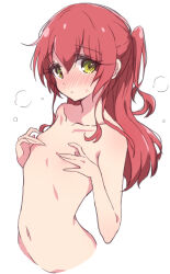 Rule 34 | 1girl, blush, bocchi the rock!, covering nipples, covering privates, cropped torso, green eyes, highres, kita ikuyo, long hair, looking at viewer, mel (melty pot), navel, nude, one side up, red hair, simple background, solo, white background