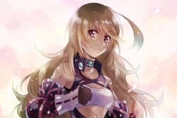 Rule 34 | 1girl, ahoge, blonde hair, breasts, choker, elbow gloves, gloves, long hair, milla maxwell, red eyes, shirt, smile, solo, strapless, tales of (series), tales of xillia, taut clothes, taut shirt, tube top, yonetsuki kana