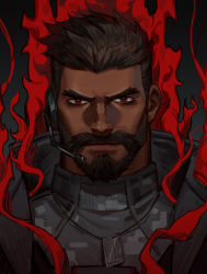 Rule 34 | 1boy, amo (amo9612), beard, black hair, camouflage, camouflage shirt, close-up, collared jacket, communicator, dark-skinned male, dark skin, facial hair, highres, jacket, jewelry, looking at viewer, male focus, necklace, overwatch, overwatch 1, reaper (overwatch), red eyes, shirt, smoke, soldier 24 (overwatch), solo, thick eyebrows