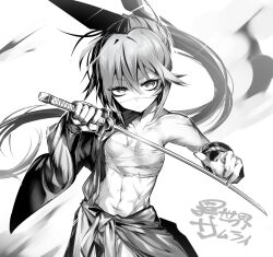 Rule 34 | 1girl, breasts, commentary request, gauntlets, highres, holding, holding sword, holding weapon, isekai samurai, katana, looking at viewer, monochrome, panda=hiro, ponytail, sarashi, scar, scar on face, scar on nose, small breasts, solo, sword, toned, tsukitsuba ginko, weapon