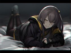 Rule 34 | 1girl, absurdres, black gloves, black pantyhose, blush, boots, brown hair, chromatic aberration, fingerless gloves, girls&#039; frontline, gloves, grey footwear, grey skirt, hair between eyes, hair ornament, highres, jacket, letterboxed, long hair, looking at viewer, lying, on stomach, one side up, pantyhose, pleated skirt, scar, scar across eye, scar on face, shirt, sidelocks, skirt, smile, ump45 (girls&#039; frontline), white shirt, yellow eyes, yusuke gg