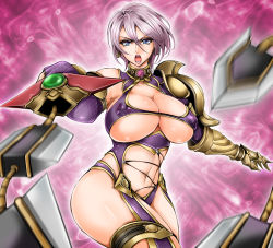 Rule 34 | 1041 (toshikazu), 1girl, armor, blue eyes, breasts, cleavage, covered erect nipples, curvy, earrings, elbow gloves, female focus, fingerless gloves, flower, foreshortening, gauntlets, gloves, huge breasts, isabella valentine, jewelry, midriff, navel, open mouth, purple flower, purple hair, purple rose, revealing clothes, rose, short hair, shoulder pads, solo, soul calibur, soulcalibur, soulcalibur iv, sword, thighhighs, underboob, weapon, whip sword