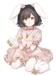Rule 34 | 1girl, animal, animal ears, animal nose, black eyes, black hair, carrot necklace, closed mouth, commentary request, dress, flower-shaped pupils, frills, hair between eyes, hands up, highres, holding, holding money, inaba mob (touhou), inaba tewi, jewelry, looking at viewer, money, necklace, pink dress, puffy short sleeves, puffy sleeves, rabbit, rabbit ears, rabbit girl, rabbit tail, red eyes, sarukana, seiza, short hair, short sleeves, simple background, sitting, smile, sparkle, symbol-shaped pupils, tail, touhou, white background, white fur