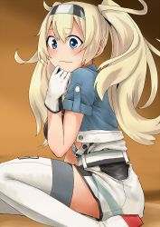 Rule 34 | 1girl, blonde hair, blue eyes, blue shirt, blush, breasts, commentary request, gambier bay (kancolle), gloves, hair between eyes, headband, kantai collection, katakata un, large breasts, long hair, multicolored clothes, shirt, short sleeves, shorts, simple background, solo, thighhighs, twintails, white gloves, worried